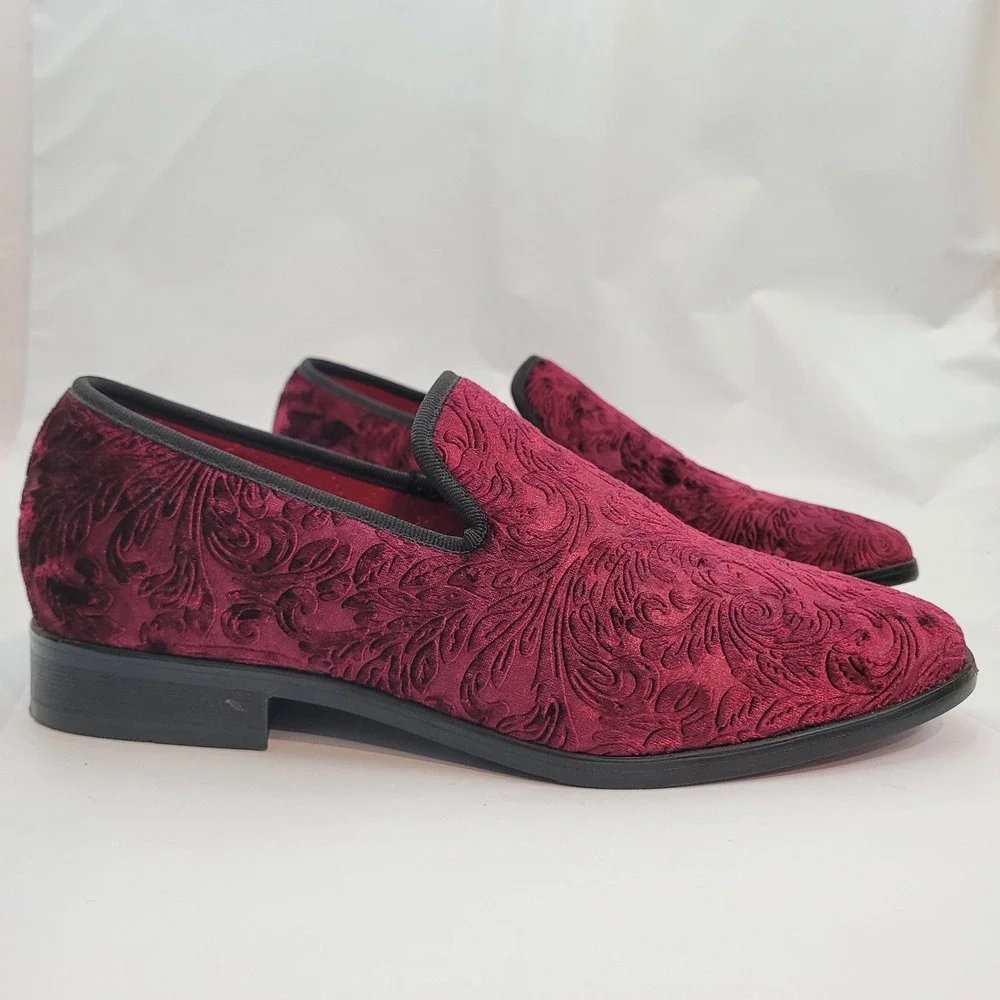 Enzo Romeo Loafers Mens 6.5 Burgundy Velvet Floral Damask Embossed Dress Shoes